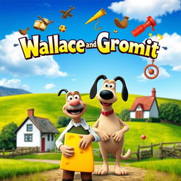 A charming movie poster showcasing Wallace and Gromit, depicted in a playful animated film style