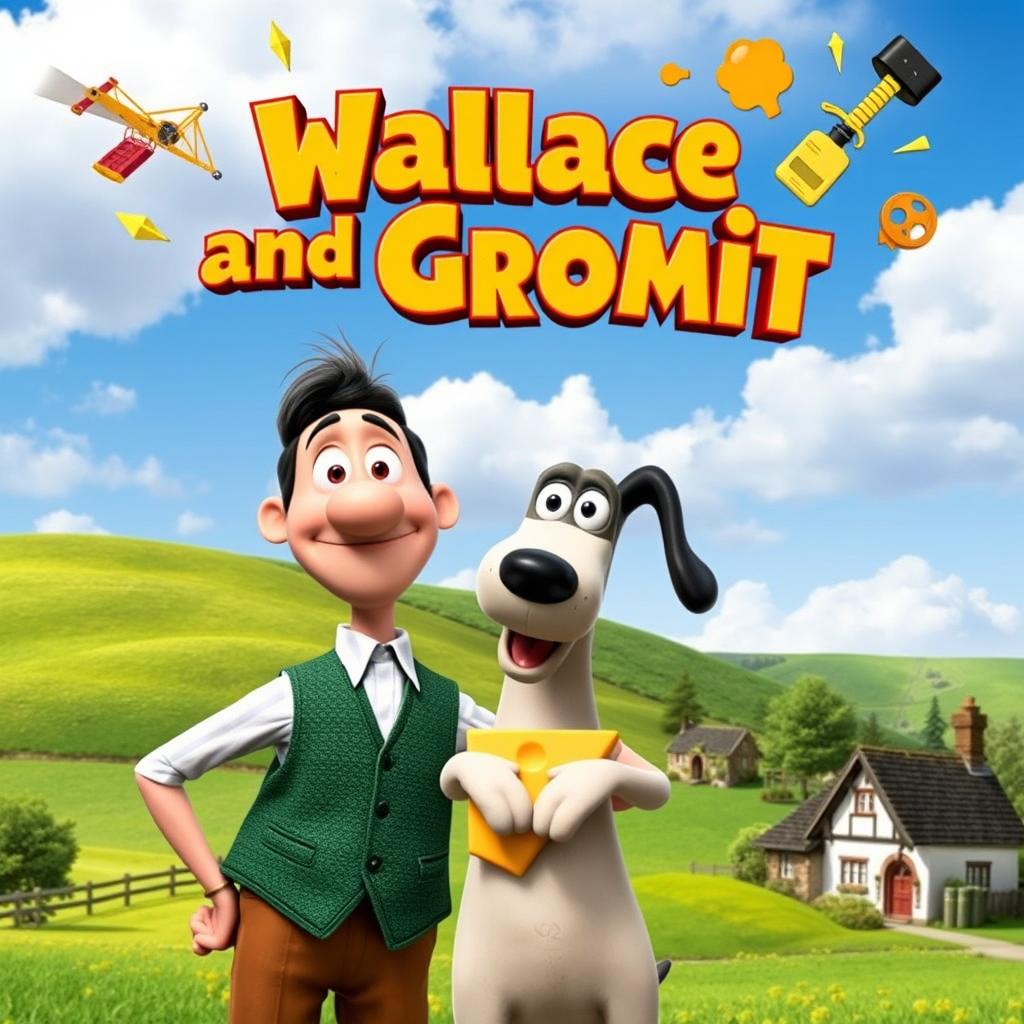 A charming movie poster showcasing Wallace and Gromit, depicted in a playful animated film style