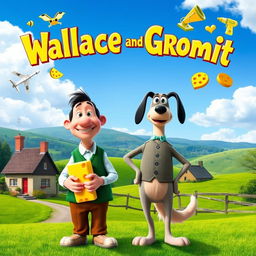 A charming movie poster showcasing Wallace and Gromit, depicted in a playful animated film style
