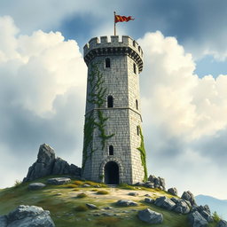 A medieval watch tower set against a cloudy day, depicted in a cinematic watercolor art style