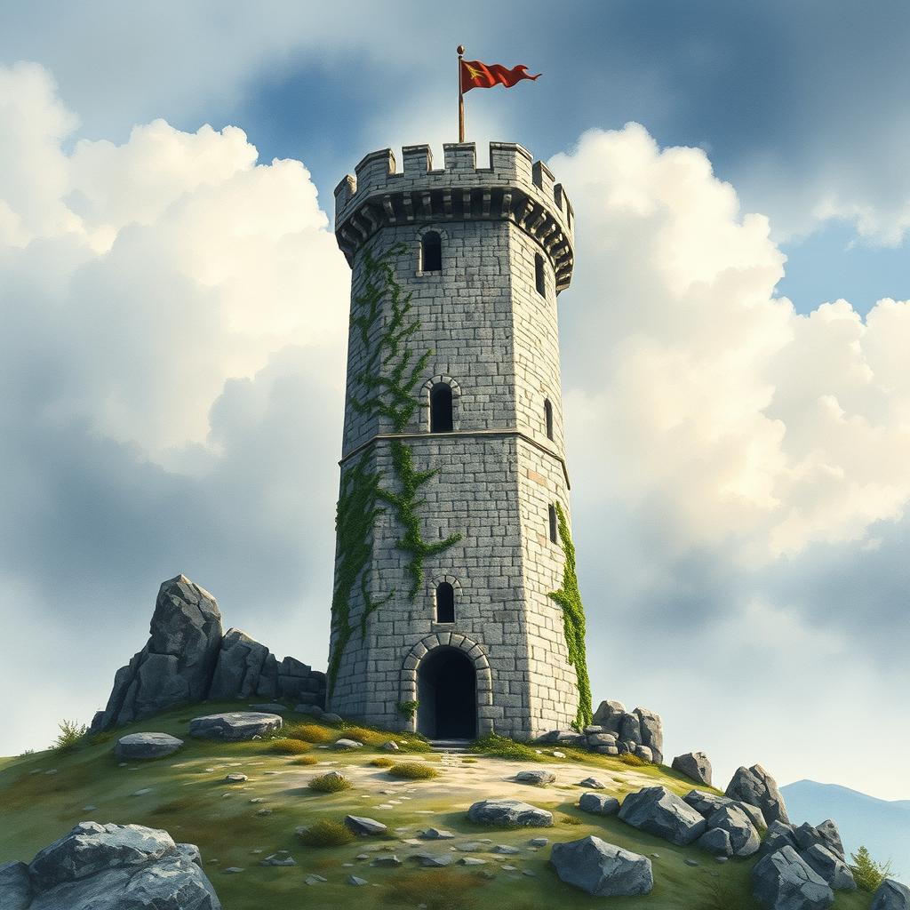 A medieval watch tower set against a cloudy day, depicted in a cinematic watercolor art style