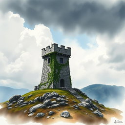 A medieval watch tower set against a cloudy day, depicted in a cinematic watercolor art style
