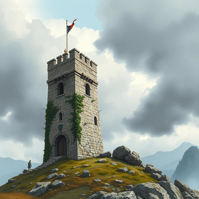 A medieval watch tower set against a cloudy day, depicted in a cinematic watercolor art style