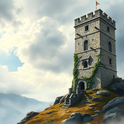 A medieval watch tower set against a cloudy day, depicted in a cinematic watercolor art style