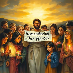 A poignant and emotional painting depicting a diverse group of people gathered together in solidarity, exhibiting deep sympathy and respect for martyrs