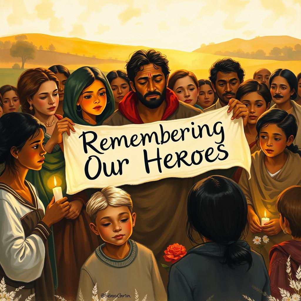 A poignant and emotional painting depicting a diverse group of people gathered together in solidarity, exhibiting deep sympathy and respect for martyrs