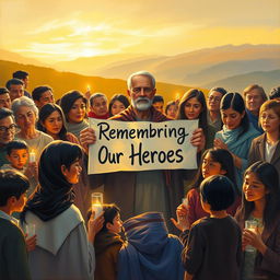 A poignant and emotional painting depicting a diverse group of people gathered together in solidarity, exhibiting deep sympathy and respect for martyrs