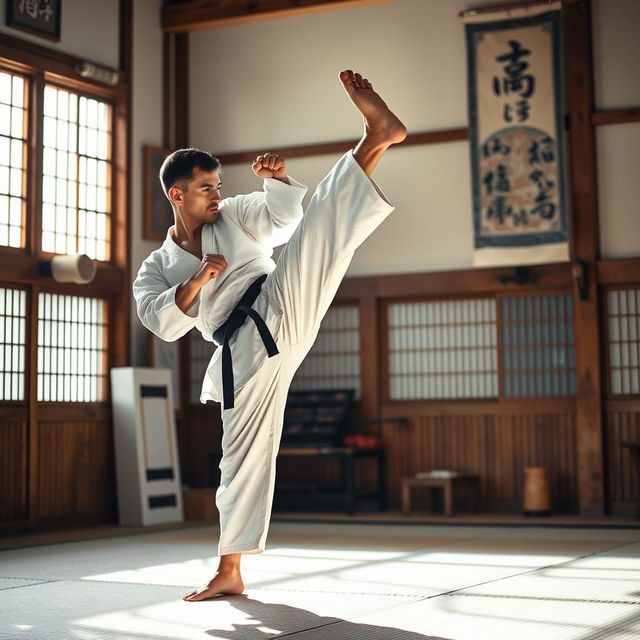 A dynamic martial arts scene showcasing a skilled martial artist in mid-action, performing a high kick in a traditional dojo setting