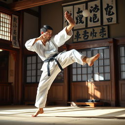 A dynamic martial arts scene showcasing a skilled martial artist in mid-action, performing a high kick in a traditional dojo setting