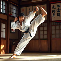 A dynamic martial arts scene showcasing a skilled martial artist in mid-action, performing a high kick in a traditional dojo setting