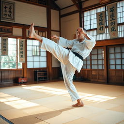 A dynamic martial arts scene showcasing a skilled martial artist in mid-action, performing a high kick in a traditional dojo setting