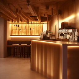 Interior design of a 10m x 10m coffee shop with cozy seating, warm lighting, and a compelling bar area.