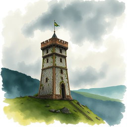 A medieval watch tower standing tall on a cloudy day, illustrated in a cinematic watercolor art style