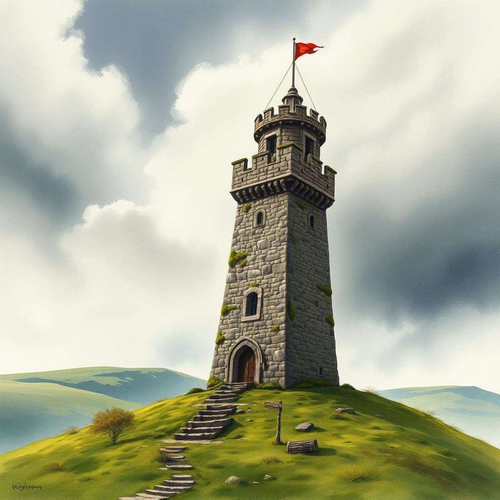A medieval watch tower standing tall on a cloudy day, illustrated in a cinematic watercolor art style