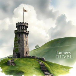 A medieval watch tower standing tall on a cloudy day, illustrated in a cinematic watercolor art style