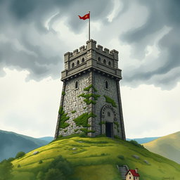 A medieval watch tower standing tall on a cloudy day, illustrated in a cinematic watercolor art style