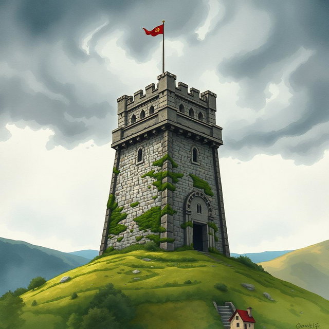 A medieval watch tower standing tall on a cloudy day, illustrated in a cinematic watercolor art style