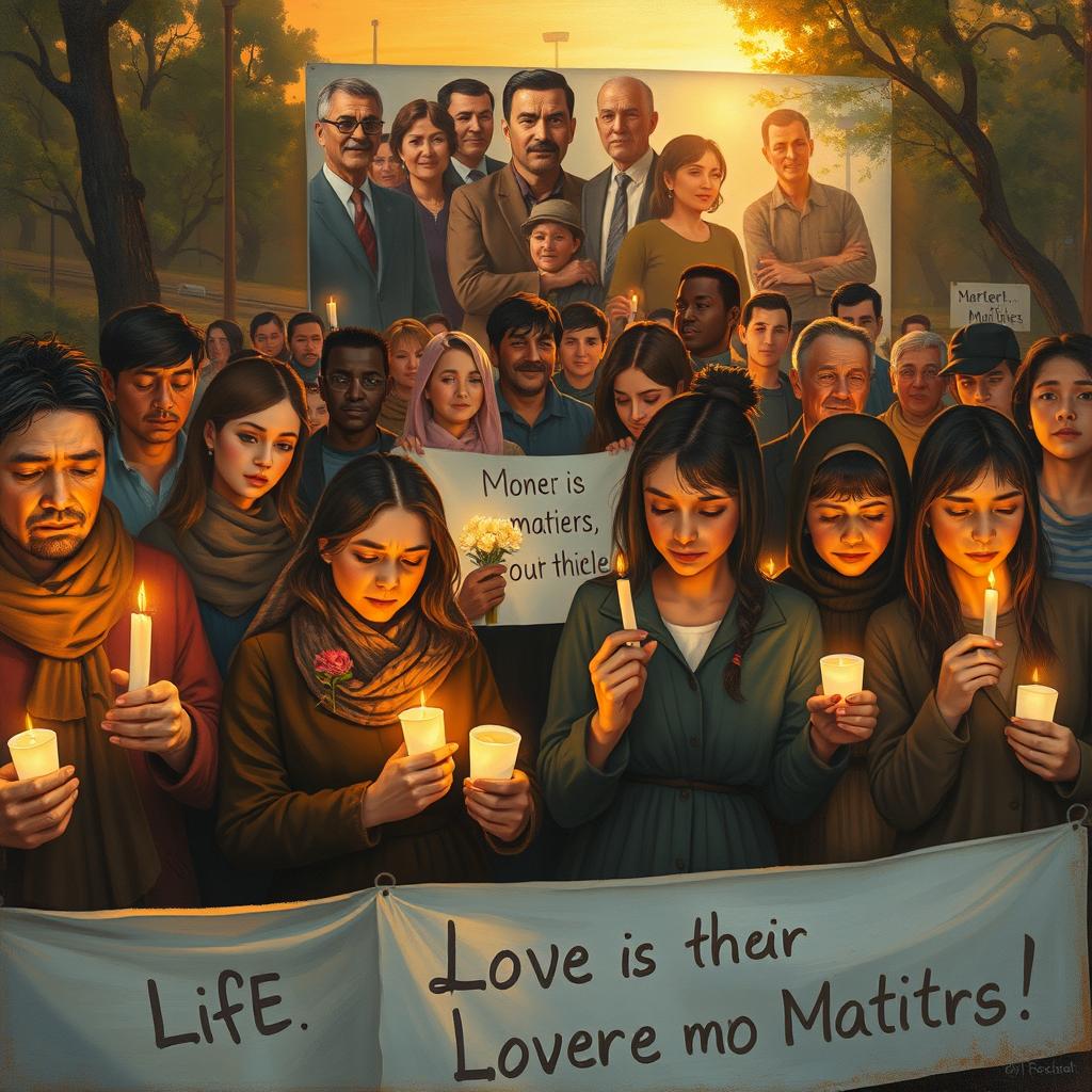 A poignant painting depicting a diverse group of people, including men and women of different ages and backgrounds, gathered in a heartfelt vigil to honor martyrs