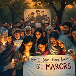 A poignant painting depicting a diverse group of people, including men and women of different ages and backgrounds, gathered in a heartfelt vigil to honor martyrs