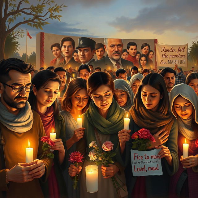 A poignant painting depicting a diverse group of people, including men and women of different ages and backgrounds, gathered in a heartfelt vigil to honor martyrs