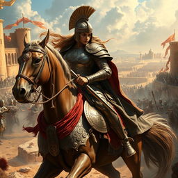 An epic and dramatic scene depicting the legendary figure of Gordafarid preparing for battle