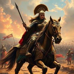 An epic and dramatic scene depicting the legendary figure of Gordafarid preparing for battle