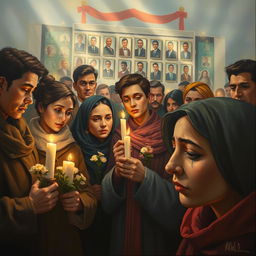 A poignant painting depicting a diverse group of people expressing their sympathy for martyrs