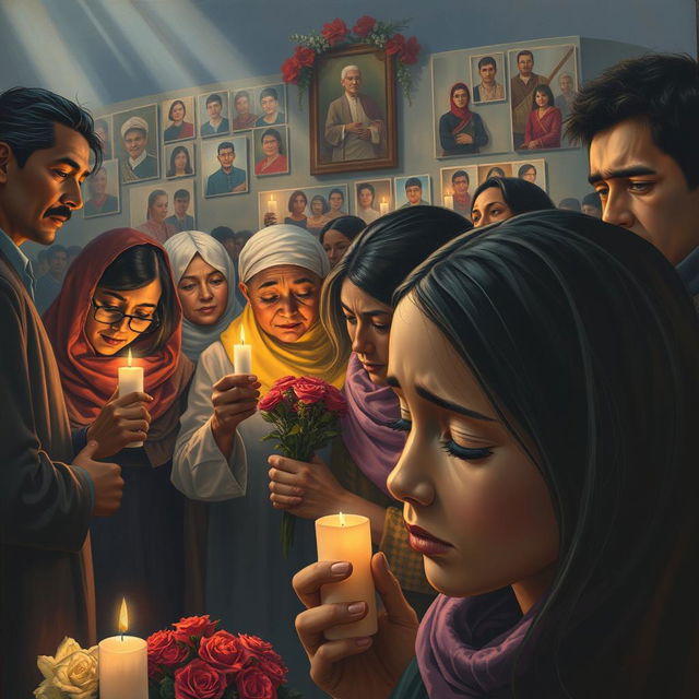 A poignant painting depicting a diverse group of people expressing their sympathy for martyrs