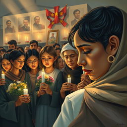 A poignant painting depicting a diverse group of people expressing their sympathy for martyrs