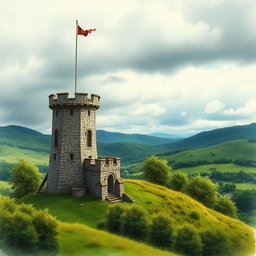 A medieval watchtower set in a lush green landscape under a cloudy, moody sky