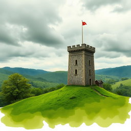 A medieval watchtower set in a lush green landscape under a cloudy, moody sky