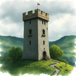 A medieval watchtower set in a lush green landscape under a cloudy, moody sky