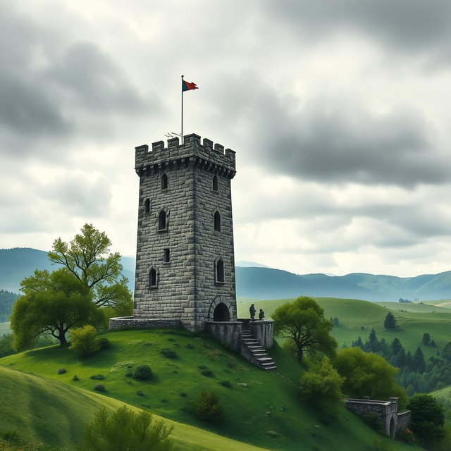 A medieval watchtower set in a lush green landscape under a cloudy, moody sky