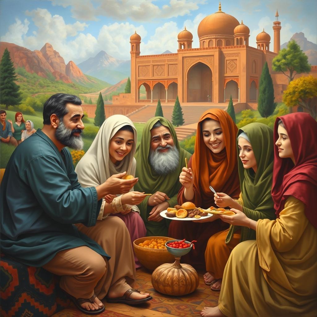 A vibrant and emotional painting depicting the deep empathy of Iranian people, showcasing individuals engaged in acts of kindness and support towards one another