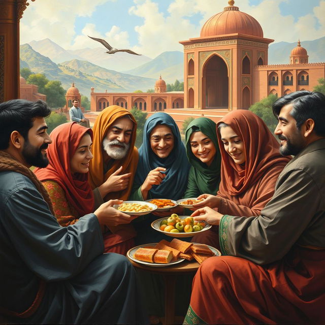 A vibrant and emotional painting depicting the deep empathy of Iranian people, showcasing individuals engaged in acts of kindness and support towards one another