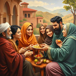 A vibrant and emotional painting depicting the deep empathy of Iranian people, showcasing individuals engaged in acts of kindness and support towards one another