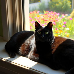 A majestic black cat lying elegantly on a sunlit windowsill, its glossy fur reflecting the warm sunlight