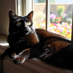 A majestic black cat lying elegantly on a sunlit windowsill, its glossy fur reflecting the warm sunlight