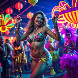 A captivating scene of a woman dancing at a vibrant carnival party, wearing colorful and provocative attire that highlights her figure