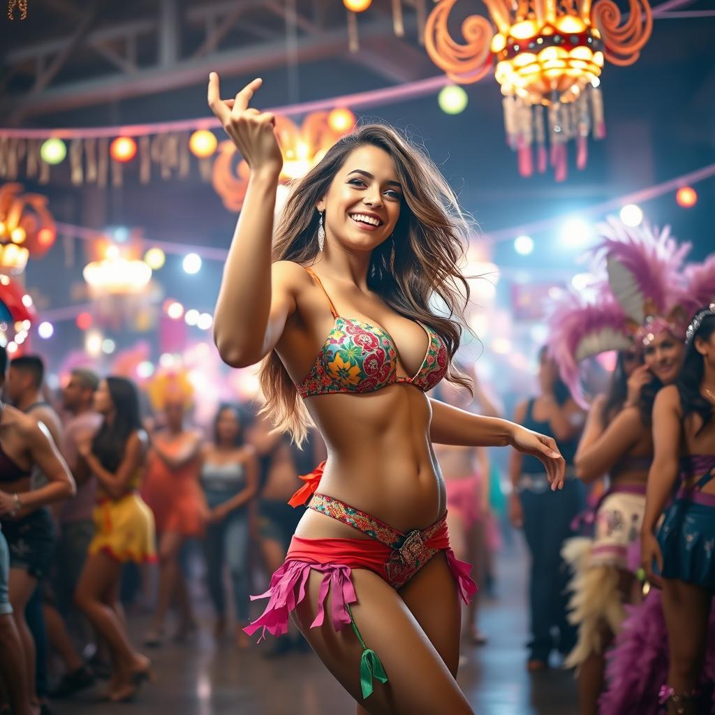A captivating scene of a woman dancing at a vibrant carnival party, wearing colorful and provocative attire that highlights her figure