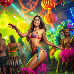 A captivating scene of a woman dancing at a vibrant carnival party, wearing colorful and provocative attire that highlights her figure