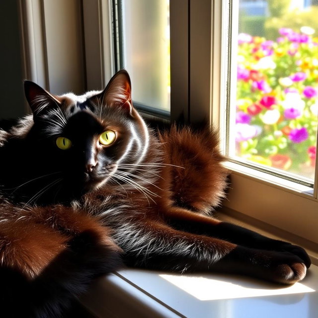 A majestic black cat lying elegantly on a sunlit windowsill, its glossy fur reflecting the warm sunlight