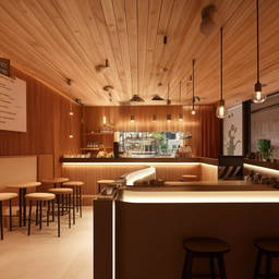 Interior design of a 10m x 10m coffee shop with cozy seating, warm lighting, and a compelling bar area.