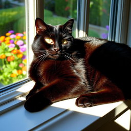 A majestic black cat lying elegantly on a sunlit windowsill, its glossy fur reflecting the warm sunlight
