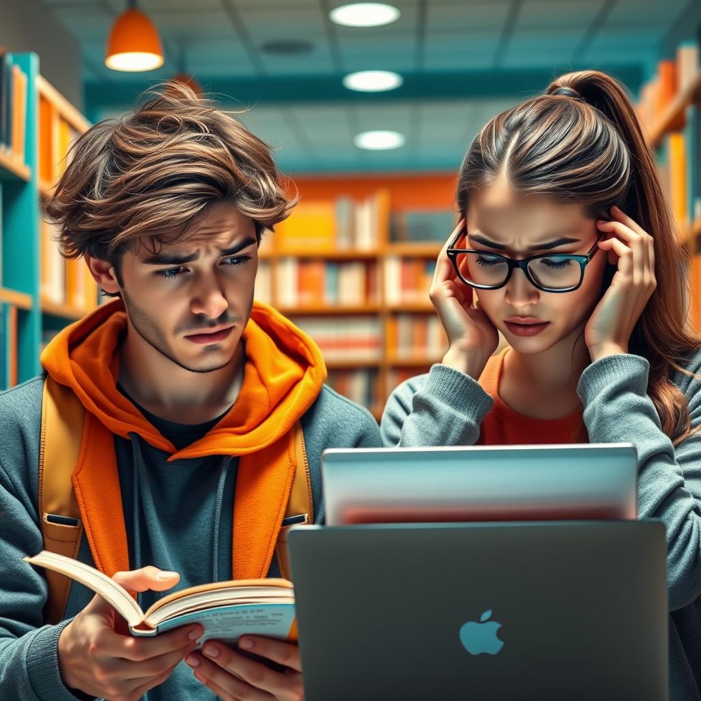 A scene depicting two college students, one male and one female, both showing expressions of anxiety and worry
