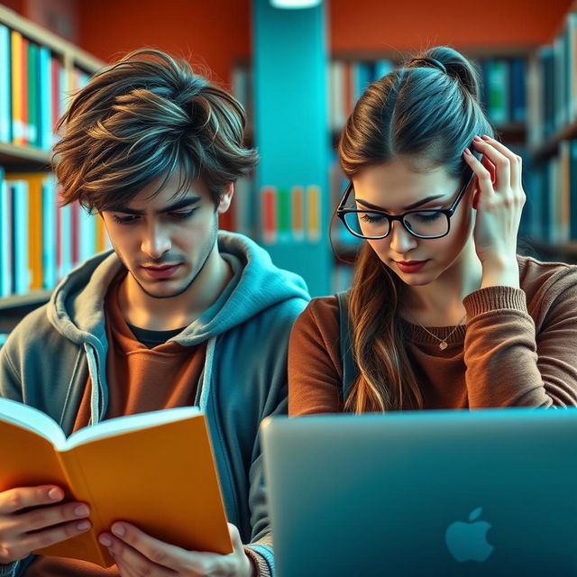 A scene depicting two college students, one male and one female, both showing expressions of anxiety and worry