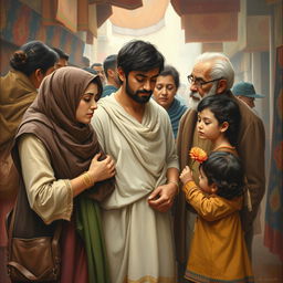 A touching painting that illustrates the deep empathy of Iranian people, capturing a diverse group of individuals from various walks of life