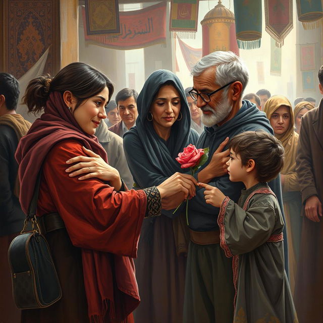 A touching painting that illustrates the deep empathy of Iranian people, capturing a diverse group of individuals from various walks of life