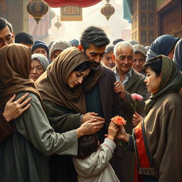 A touching painting that illustrates the deep empathy of Iranian people, capturing a diverse group of individuals from various walks of life