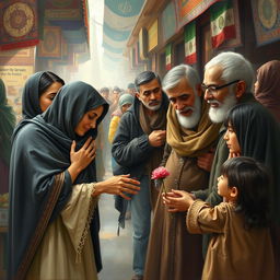 A touching painting that illustrates the deep empathy of Iranian people, capturing a diverse group of individuals from various walks of life